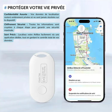 Traceur Bluetooth avec protection avancée de la vie privée. Confidentialité assurée, chiffrement sécurisé des données et suivi précis via une application dédiée. Localisez vos affaires tout en maintenant un contrÎle total de vos informations personnelles.